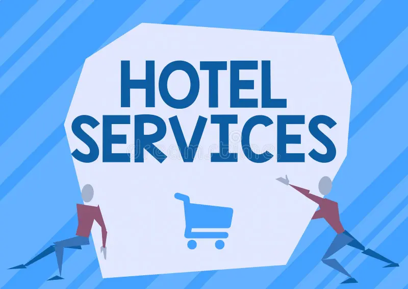Services conceptual caption hotel services word written facilities amenities accommodation lodging house two men illustration 237799654